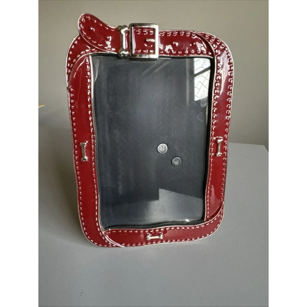 Red Enamel Dog collar Photo Frame Silver Buckle Doggie Bone Detail 4X6 Glossy